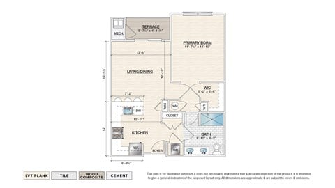 Floor plan for 1 bed, 1 bath, 761 sqft